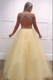 Yellow V-Neck Beaded Tulle Prom Dress - Long Evening HZ0307