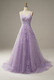 Lavender Lace Appliques A-line Long Prom HZ0307