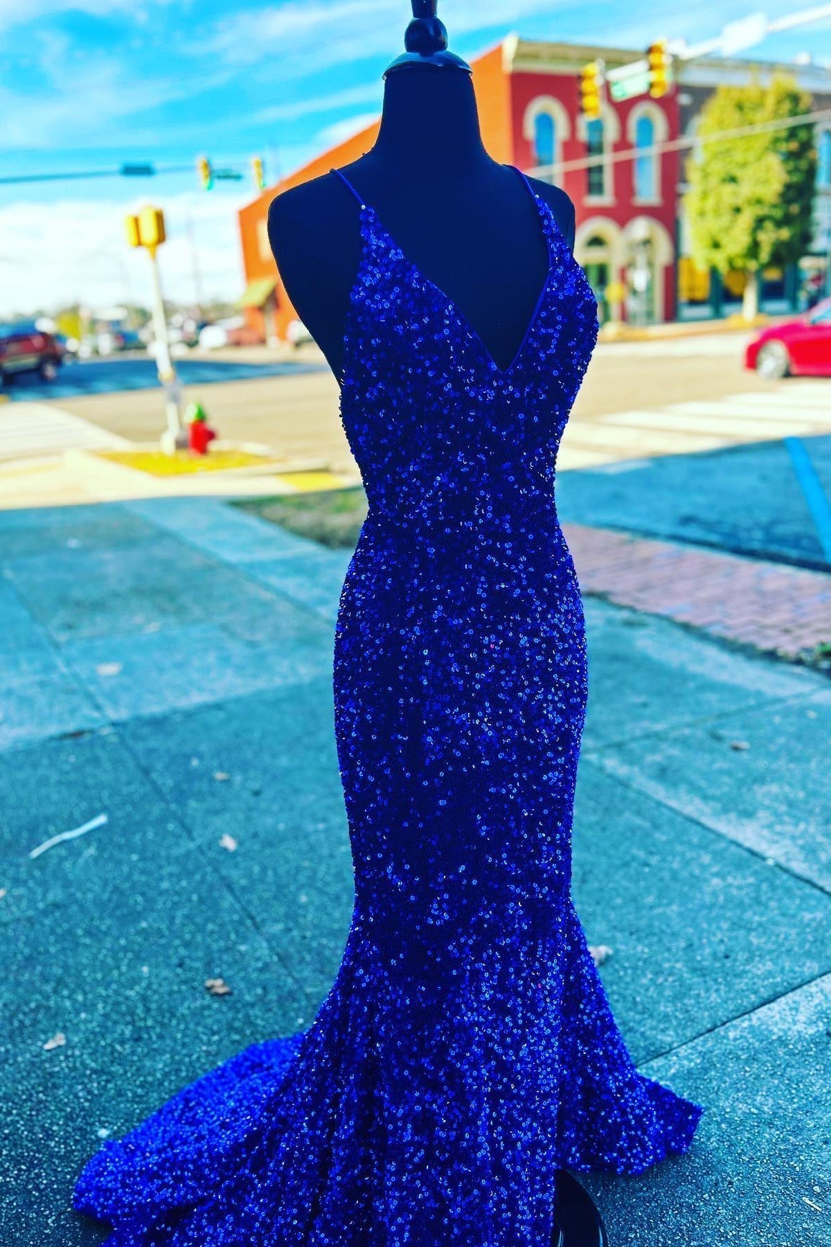 V Neck Royal Blue Sequin Mermaid Long Prom HZ0307