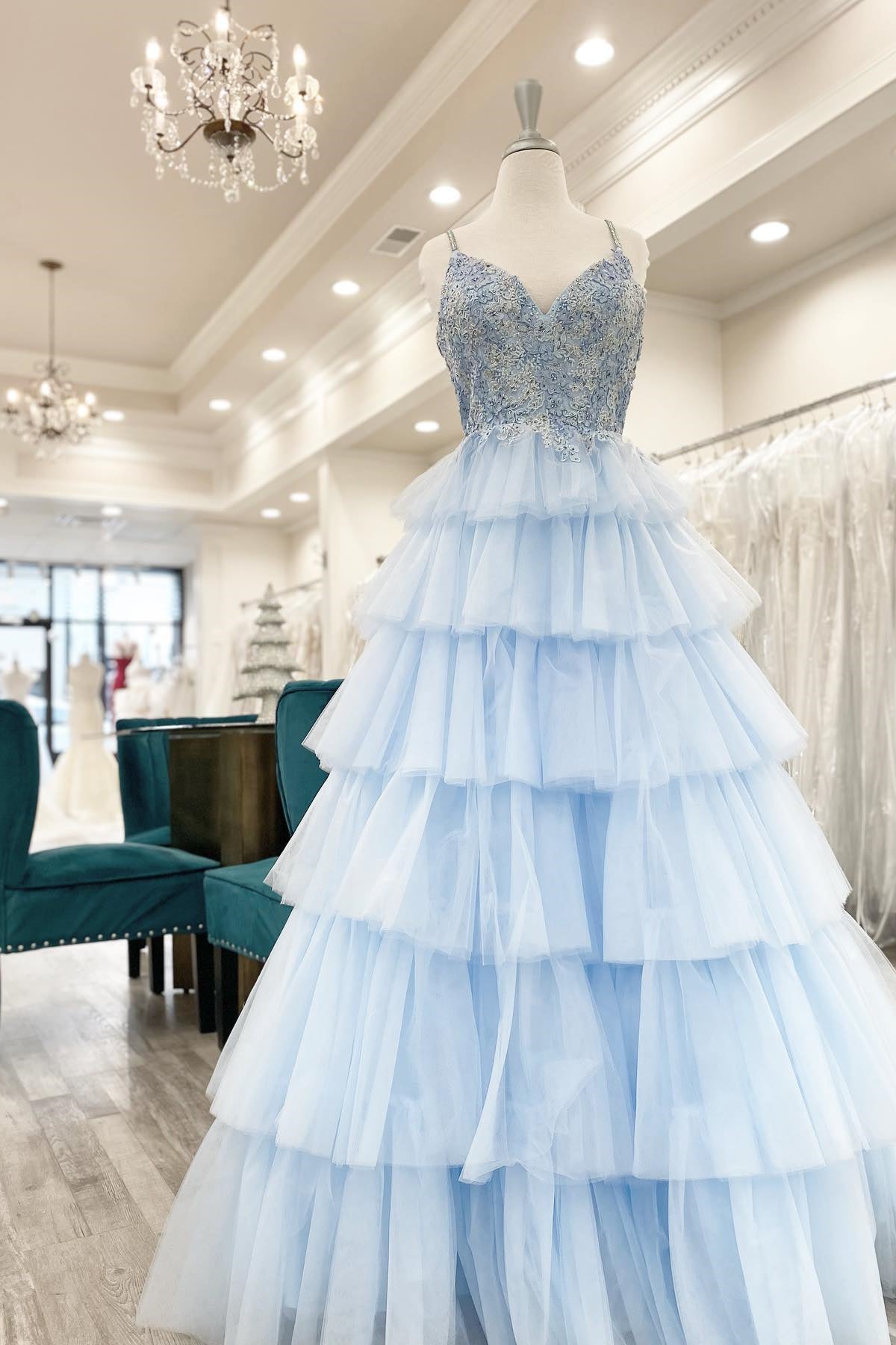 Blue Tiered Layers Lace Appliques A-line Long Formal HZ0307
