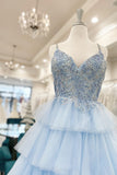 Blue Tiered Layers Lace Appliques A-line Long Formal HZ0307