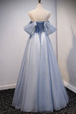 Light Blue Off the Shoulder Tulle Long Prom HZ0307