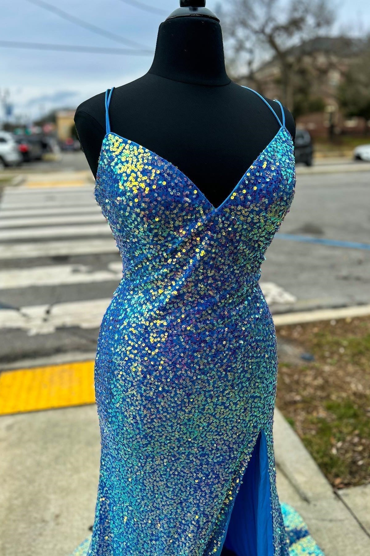 Blue Sequin Straps Mermaid Long Party Dress with HZ0307