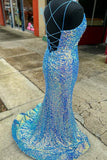 Blue Sequin Straps Mermaid Long Party Dress with HZ0307