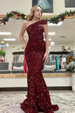 One Shoulder Burgundy Sequin Mermaid Long Evening HZ0307