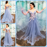 Off the Shoulder Blue Floral Appliques A-line Long Formal HZ0307