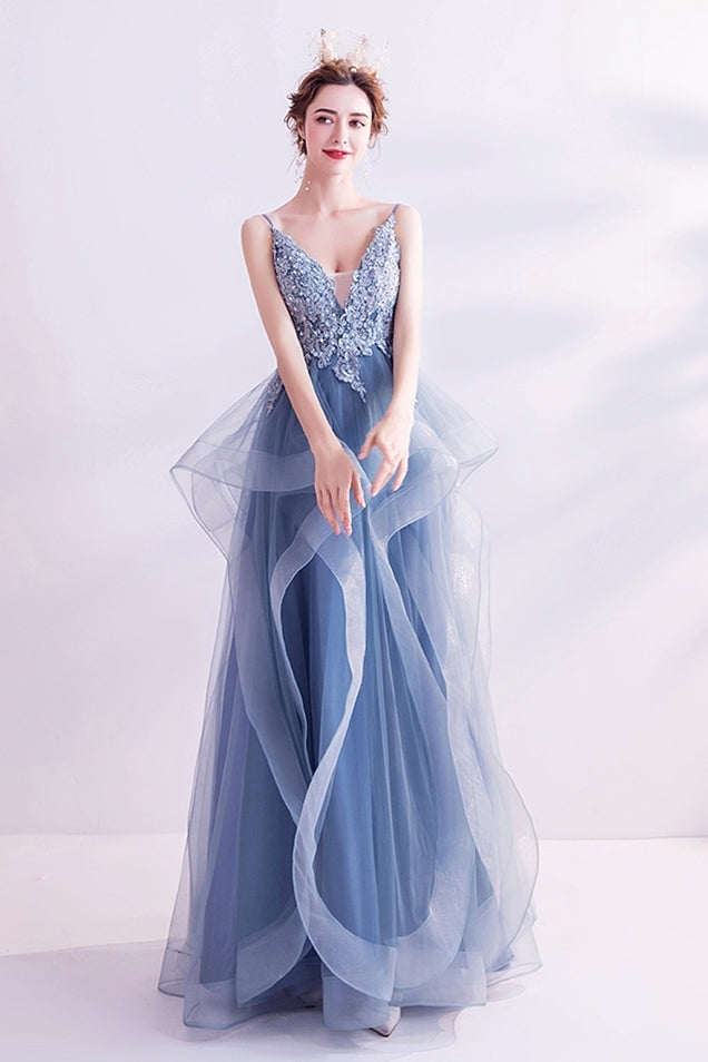 Blue A-line Layered Long Formal HZ0307