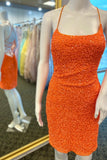 Glitters Orange Sequin Tight Mini Homecoming HZ0307