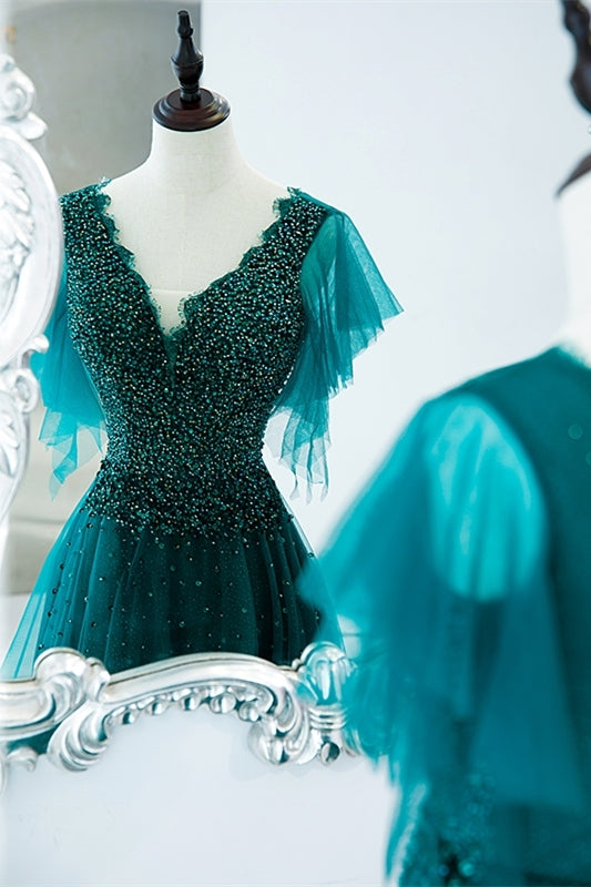 Green A-line Appliques Long Formal Dress with Flutter HZ0307