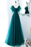 Green A-line Appliques Long Formal Dress with Flutter HZ0307