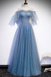 Simple Blue A-line Off the Shoulder Long Prom HZ0307