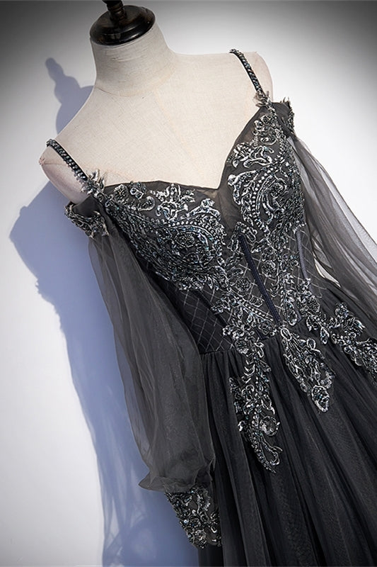 Grey Tulle A-line Long Formal Dress with Long HZ0307