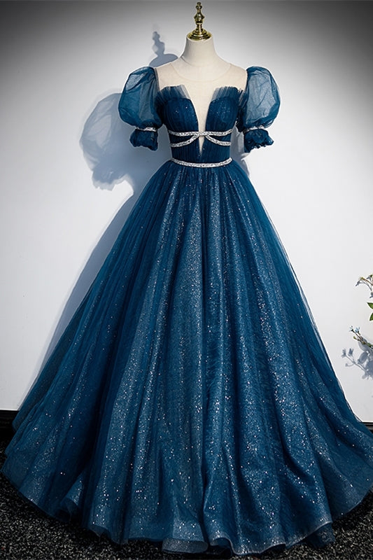 Blue A-line Tulle Long Formal Dress with Short Puffy HZ0307