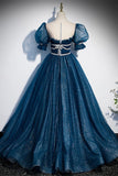 Blue A-line Tulle Long Formal Dress with Short Puffy HZ0307