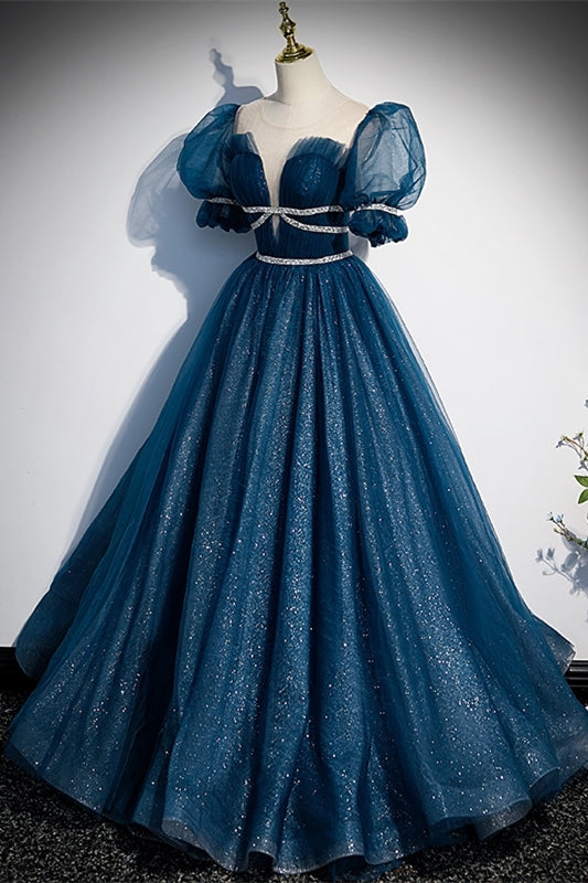 Blue A-line Tulle Long Formal Dress with Short Puffy HZ0307