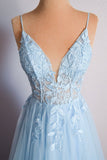 Straps Light Blue Tulle and Lace Appliques Long Formal HZ0307