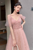 Straps A-line Blush Pink Tulle Long Party HZ0307