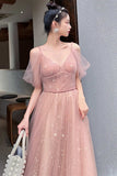 Straps A-line Blush Pink Tulle Long Party HZ0307
