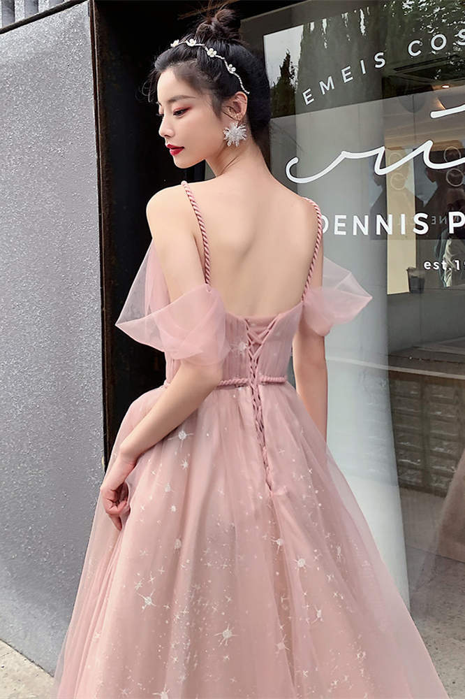 Straps A-line Blush Pink Tulle Long Party HZ0307