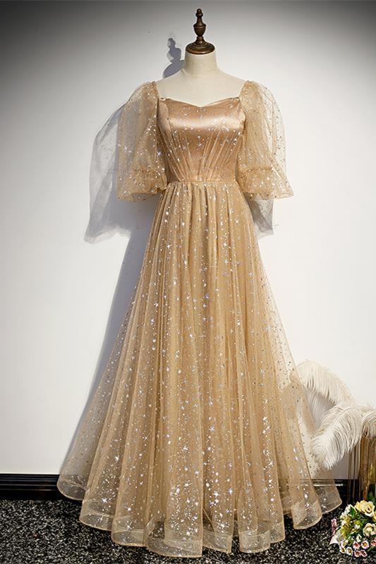Champagne A-line Tulle Long Formal Dress with Short Bell HZ0307