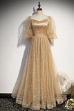 Champagne A-line Tulle Long Formal Dress with Short Bell HZ0307