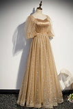 Champagne A-line Tulle Long Formal Dress with Short Bell HZ0307