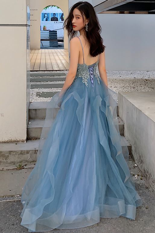 A-line Blue Lace Appliques Long Prom HZ0307