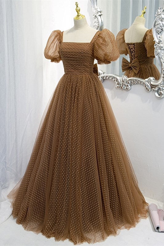 Sweet Brown A-line Tulle Polk Dots Long Formal HZ0307