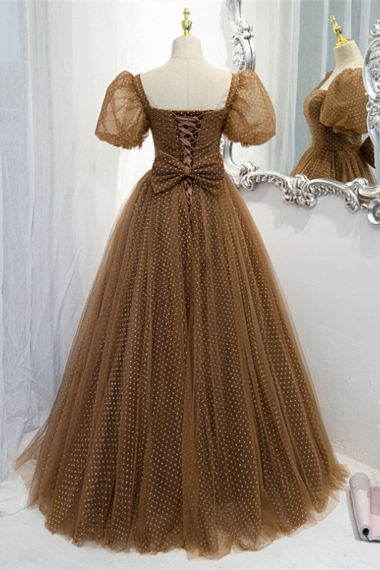 Sweet Brown A-line Tulle Polk Dots Long Formal HZ0307