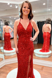 Red Sequin V Neck Mermaid Long Prom Dress with HZ0307