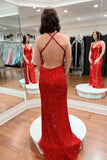 Red Sequin V Neck Mermaid Long Prom Dress with HZ0307