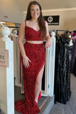Two Piece Red Sequin Mermaid Tassels Long Formal HZ0307