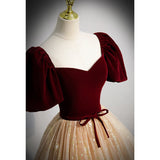 Short Sleeves Burgundy Velvet and Champagne Tulle Formal HZ0307
