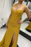 Yellow Sequin Straps Mermaid Long Prom Dress with Lace Up HZ0307