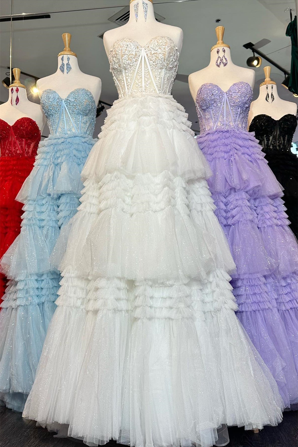 Sweetheart Lace and Tiered Ruffle Long Prom HZ0307