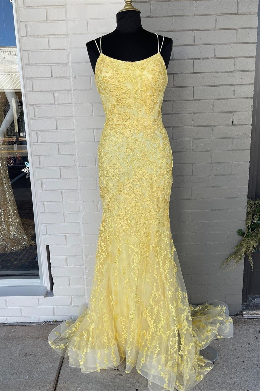 Mermaid Yellow Lace Appliques Straps Long Prom HZ0307