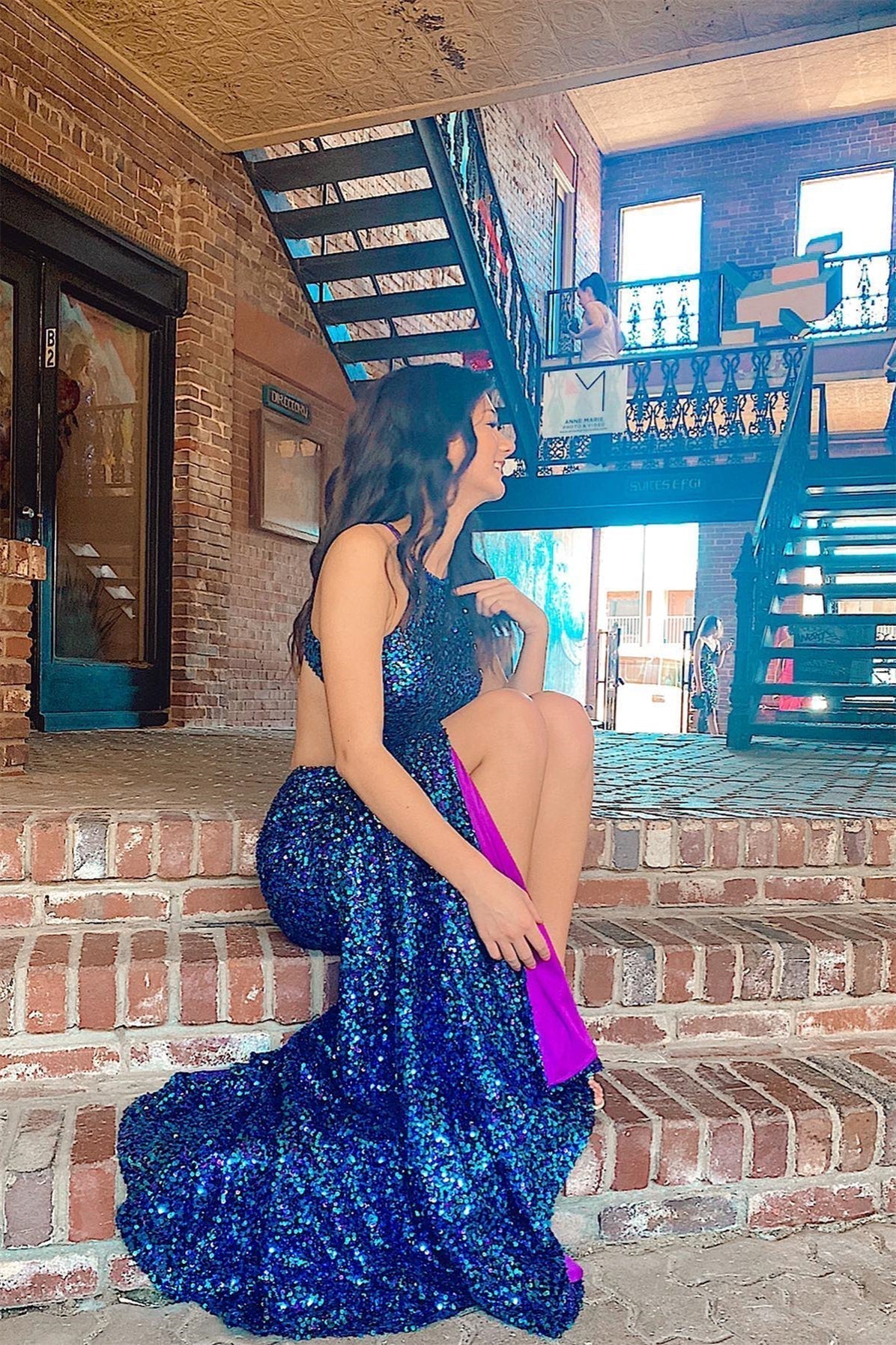 Sexy Halter Royal Blue Sequin Mermaid Long Prom HZ0307