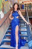 Sexy Halter Royal Blue Sequin Mermaid Long Prom HZ0307