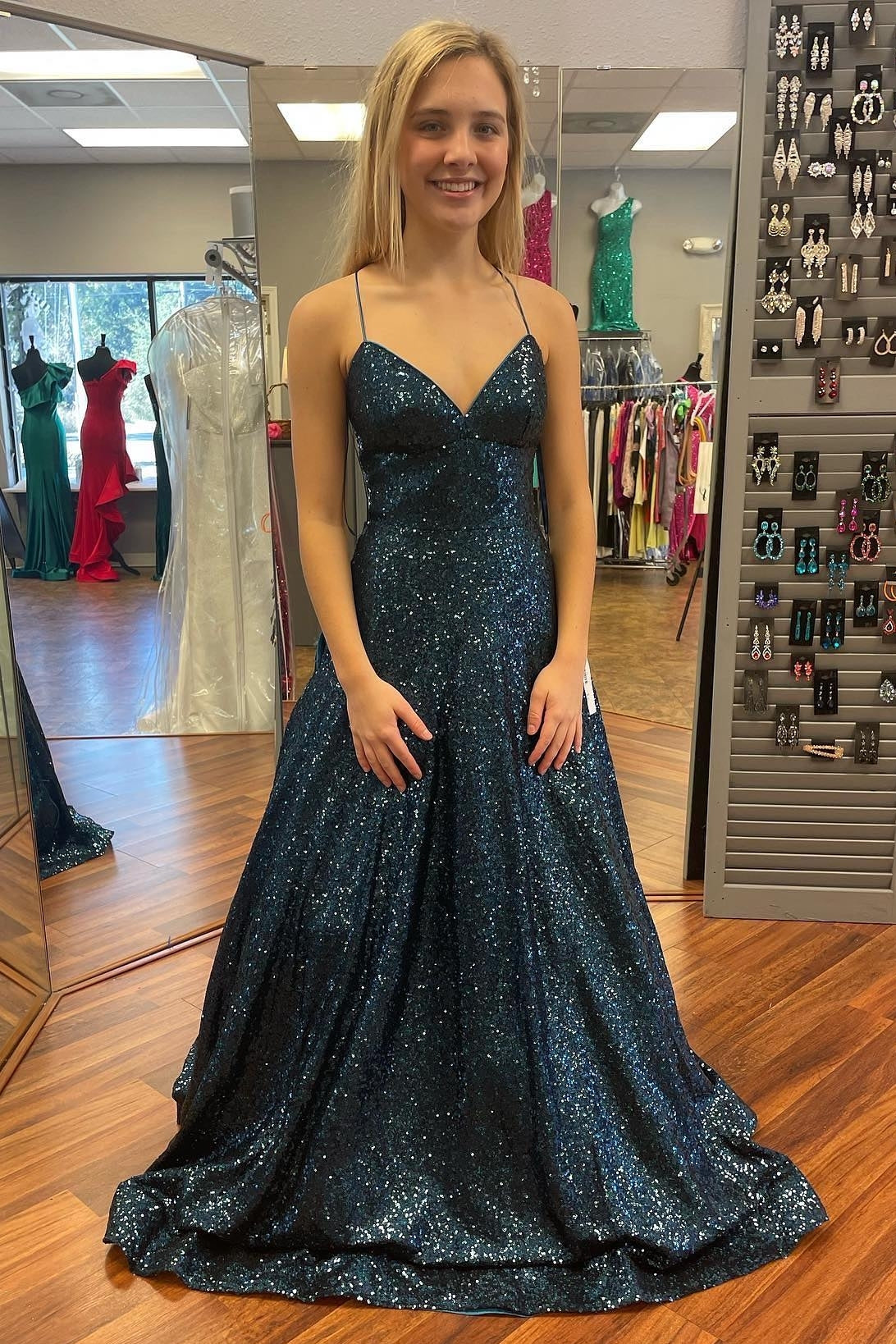 Navy Sequin Straps A-line Long Formal Dress with HZ0307
