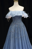 Off the Shoulder Blue Beaded A-line Long Formal HZ0307