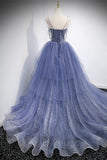 Princess Blue Spaghetti Straps Tiered Long Formal HZ0307