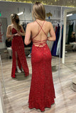 Straps Red Sequin V Neck Mermaid Long Formal HZ0307
