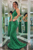Sexy Green Sequin Halter Mermaid Long Formal HZ0307