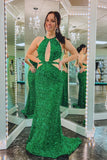 Sexy Green Sequin Halter Mermaid Long Formal HZ0307