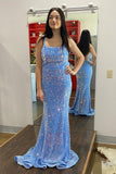 Straps Blue Sequin Mermaid Long Prom Dress with Cross HZ0307