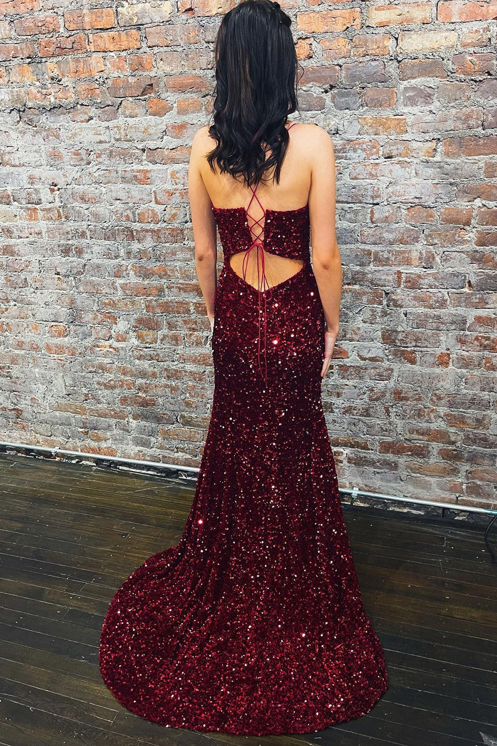 Wine Red Sequin Straps Mermaid Long Prom HZ0307