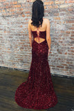 Wine Red Sequin Straps Mermaid Long Prom HZ0307