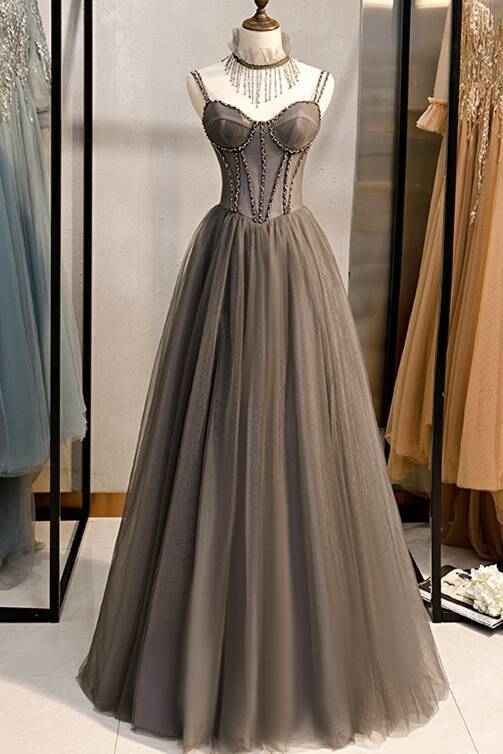 Double Straps Grey A-line Long Prom HZ0307