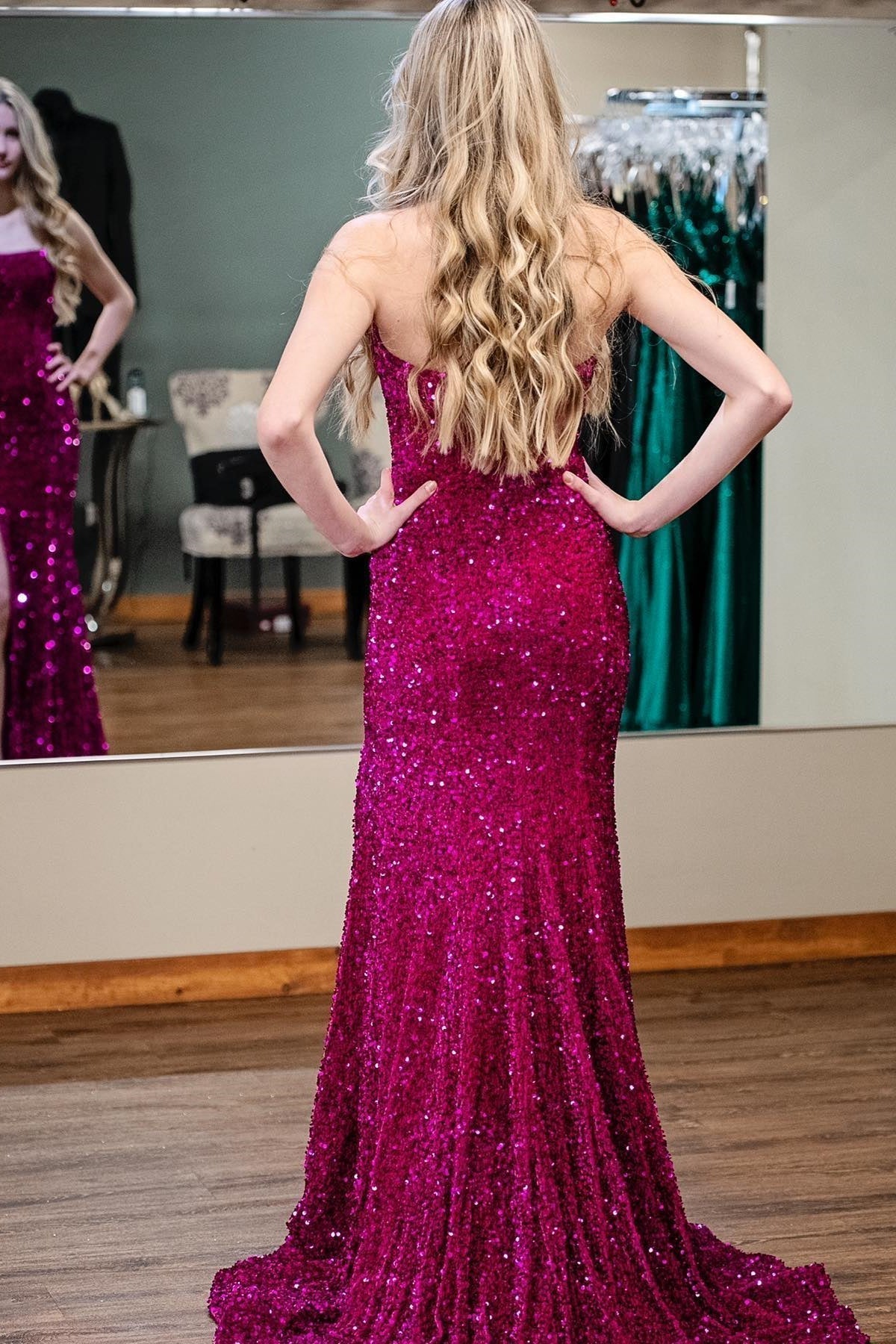 Strapless Fuchsia Sequin Mermaid Long Prom Dress with HZ0307