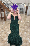 Off the Shoulder Dark Green Sequin Mermaid Long Formal HZ0307